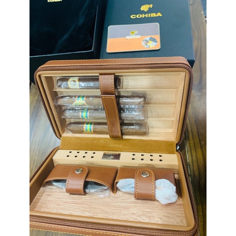 ⚡SIÊU RẺ⚡Bao da xì gà bảo quản, đựng cigar siga 4 điếu có kèm khò cắt