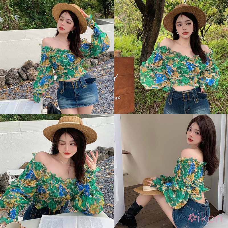 Áo Trễ Vai Tay Dài In Hoa Quyến Rũ Cho Nữ