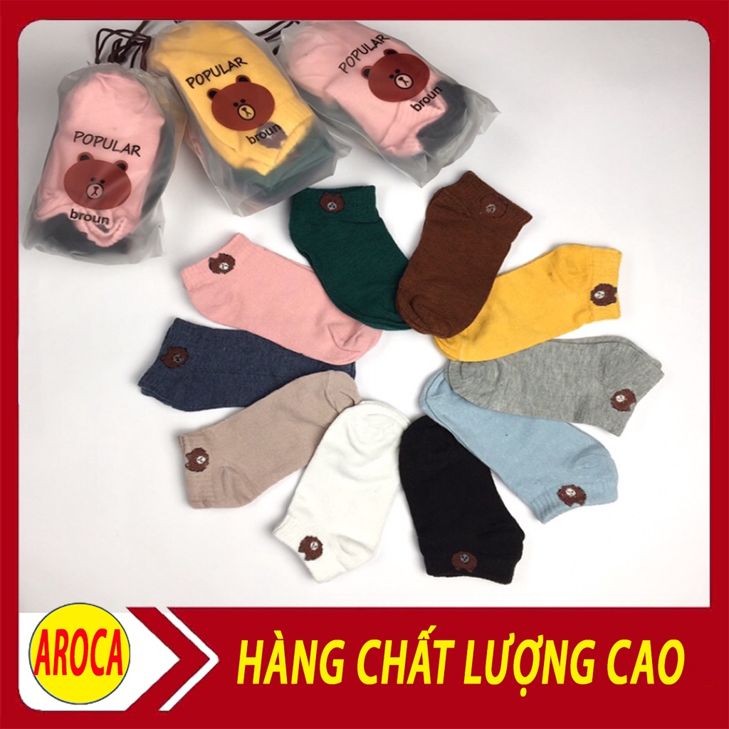 Tất gấu cổ ngắn họa tiết Brown - Tất nữ cổ ngắn hình gấu kute tặng kèm túi rút AROCA