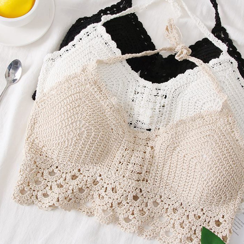 Brroa Áo Ngực Crop Top Đan Móc Viền Con Sò Rỗng Thời Trang Đi Biển Cho Nữ
