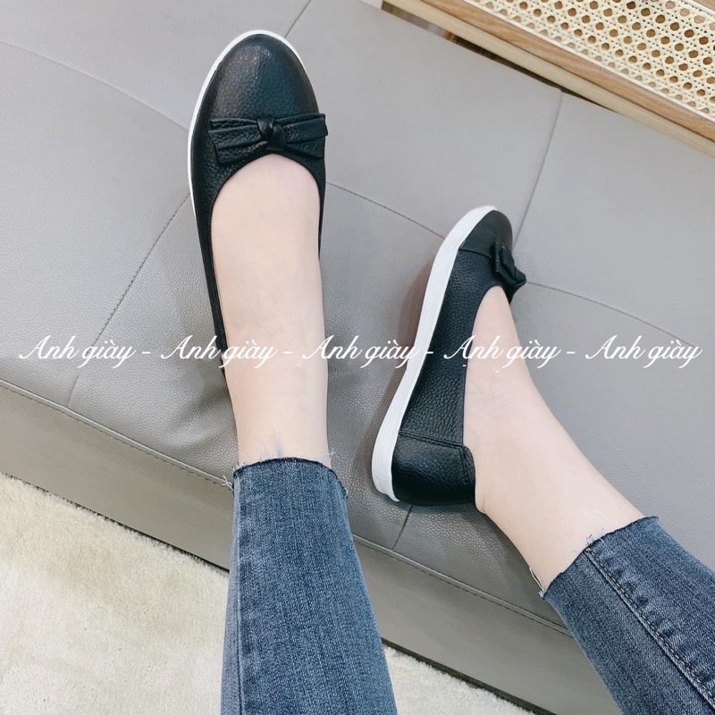 GB11 - Giày bệt da bò mũi tròn nơ ngang chất da siêu mềm nhẹ êm 3 màu đen , trắng , bò  hàng VNXK