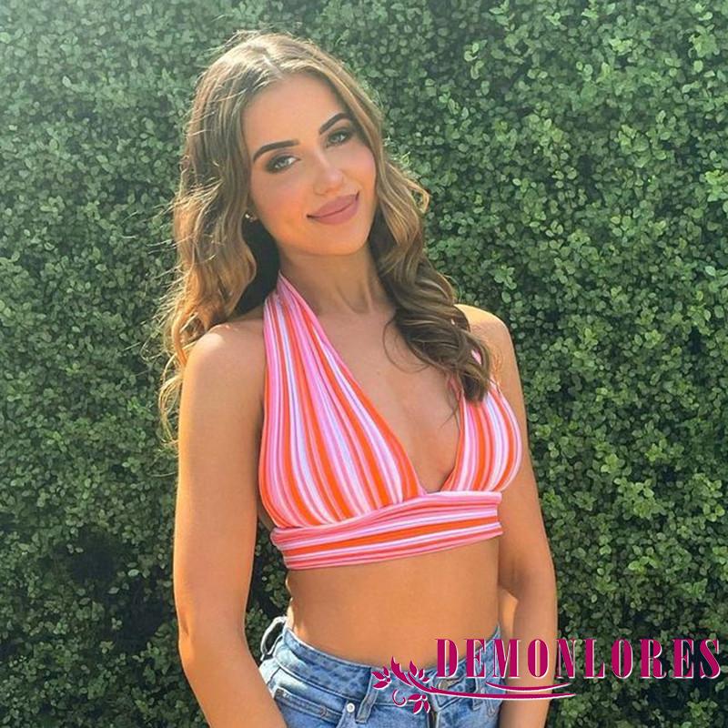 Áo Croptop Sát Nách Hoạ Tiết Kẻ Sọc Thiết Kế Cổ Chữ V Quyến Rũ