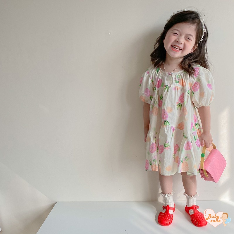 Đầm Công Chúa Tay Phồng In Họa Tiết Trái Cây Phong Cách Hàn Quốc Cho Bé Gái