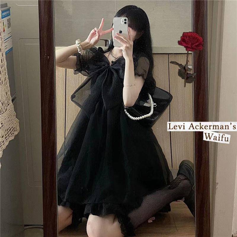 Đầm chữ A tay ngắn phối lưới đính nơ thời trang phong cách lolita xinh xắn dành cho nữ