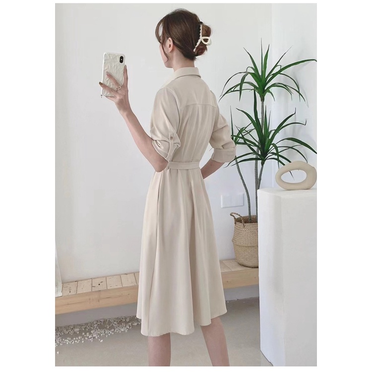Đầm sơ mi công sở nữ dáng dài thắt eo có túi, váy sơ mi cột eo phong cách hàn Hàn Quốc thanh lịc mẫu mới nhất 2022