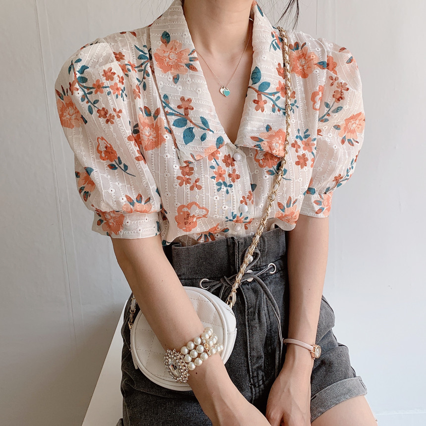 Áo Sơ Mi Nữ Tay Ngắn Thêu Hoa Phong Cách Retro Hàn Quốc