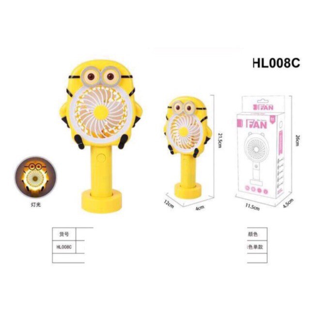 Quạt tích điện mini cầm tay Minion có đèn LED nhỏ nhắn đáng yêu xinh xắn siêu mát giải nhiệt mùa hè nóng bức