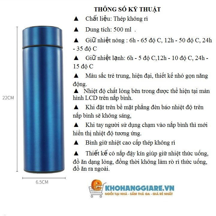 Bình giữ nhiệt - lõi inox 304 - Bình đựng nước cao cấp hiển thị nhiệt độ của nước dung tích 500ml nhiều màu