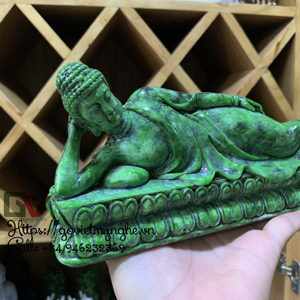 [Phật Thích Ca] Tượng đá trang trí Phật Thích Ca Nhập Niết Bàn - Màu xanh lục bích - Dài 23cm