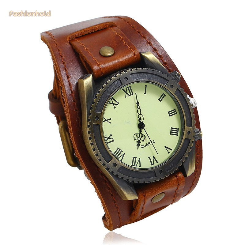 Men Watches Punk Vintage Cow Leather Wristwatch Roman Numbers Dial Casual Watch Gift