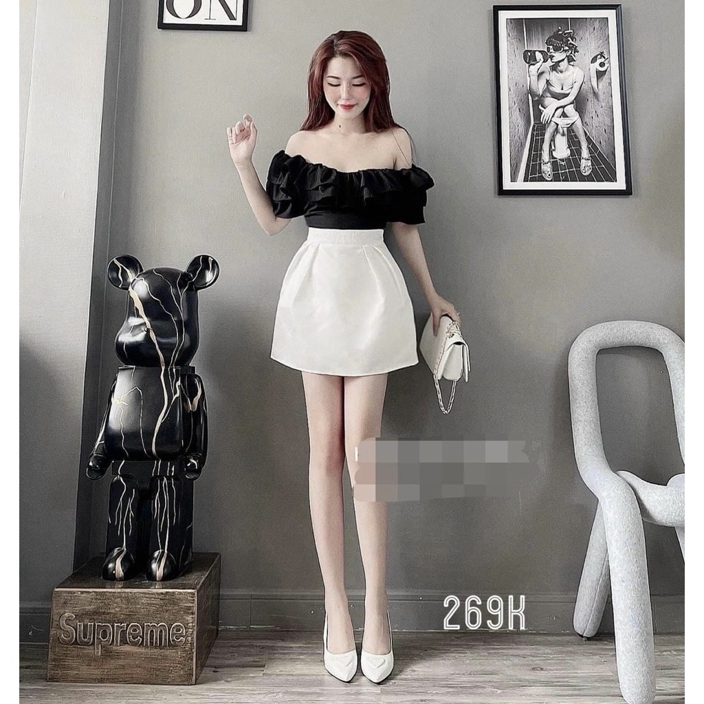 Sét bộ đồ nữ chân váy trắng cạp cao mix áo đen trễ vai cực kì đáng yêu thích hợp cho các tình yêu đi dạo phố