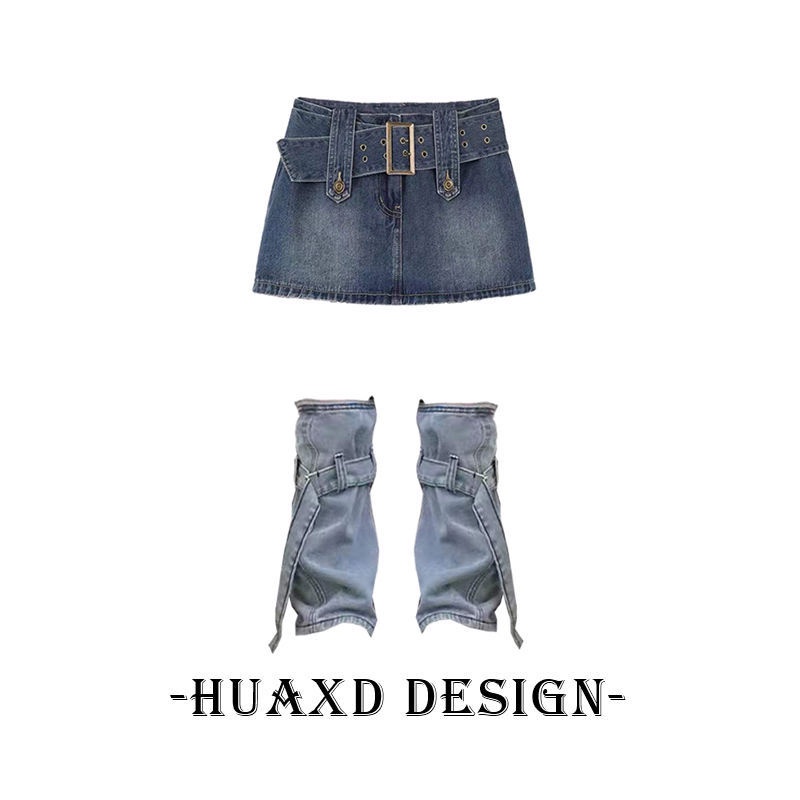 Set quần denim giả chân váy chất liệu co giãn phối thắt lưng + ống quần denim phong cách cổ điển cá tính dành cho nữ