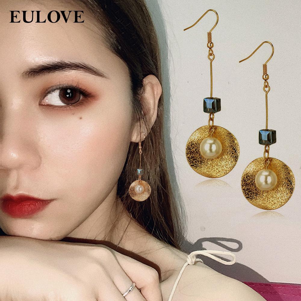 Long Earring Dangle Gold Disc Blue Rhinestone Long Disc Earring For Women Charm