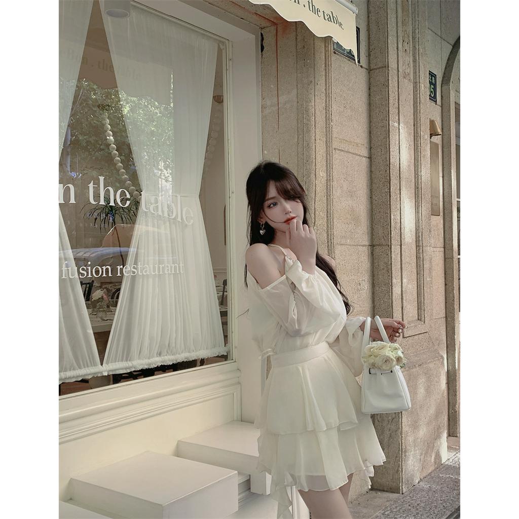 Set áo hở vai tiểu thư phối chân váy chất tơ đẹp hàng QC VN300