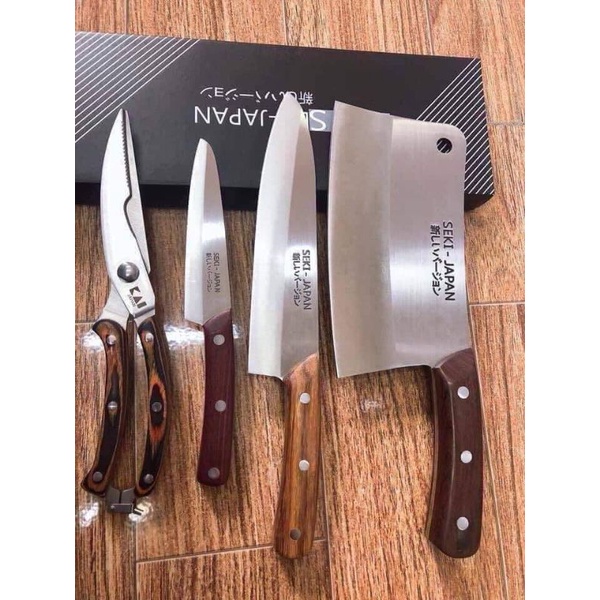 Bộ dao kéo Seki 4 món Nhật Bản: Dao chặt, dao thái thịt, dao thái hoa quả, kéo cắt gà