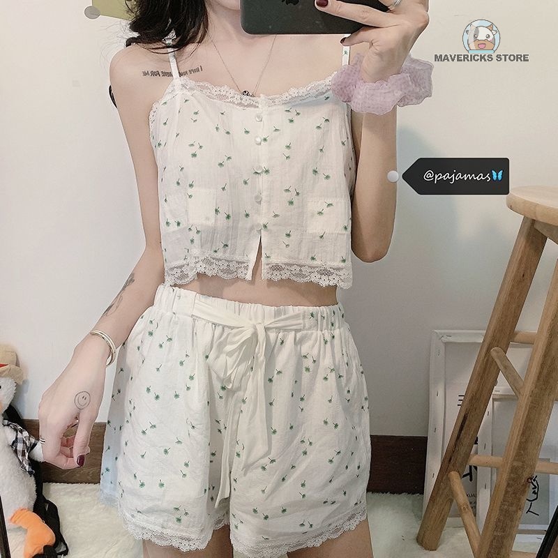Bộ đồ ngủ hai dây họa tiết hoa thời trang mùa hè cho nữ