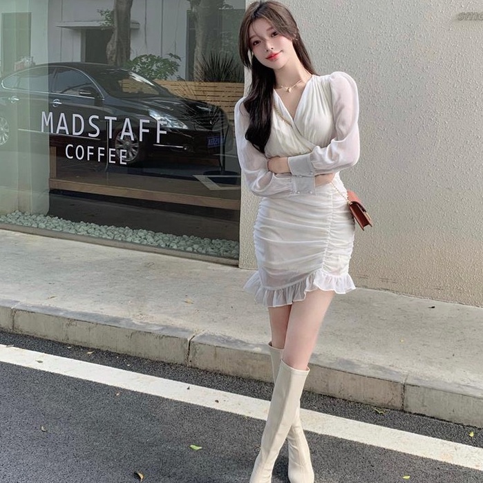 [MURIOKI] Đầm Chiffon Mini Tay Phồng Màu Trắng Thời Trang Mùa Thu Cho Nữ OL dress