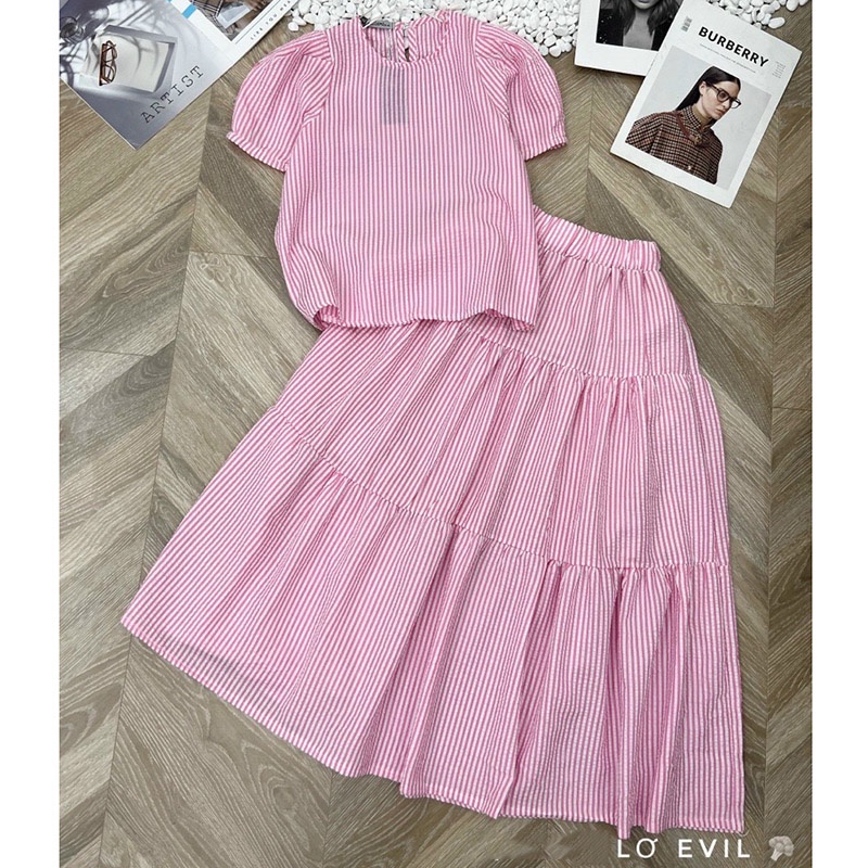 Set Bộ Kẻ Mix Chân Váy Dáng Dài Hàng Quảng Châu SB021-Violet