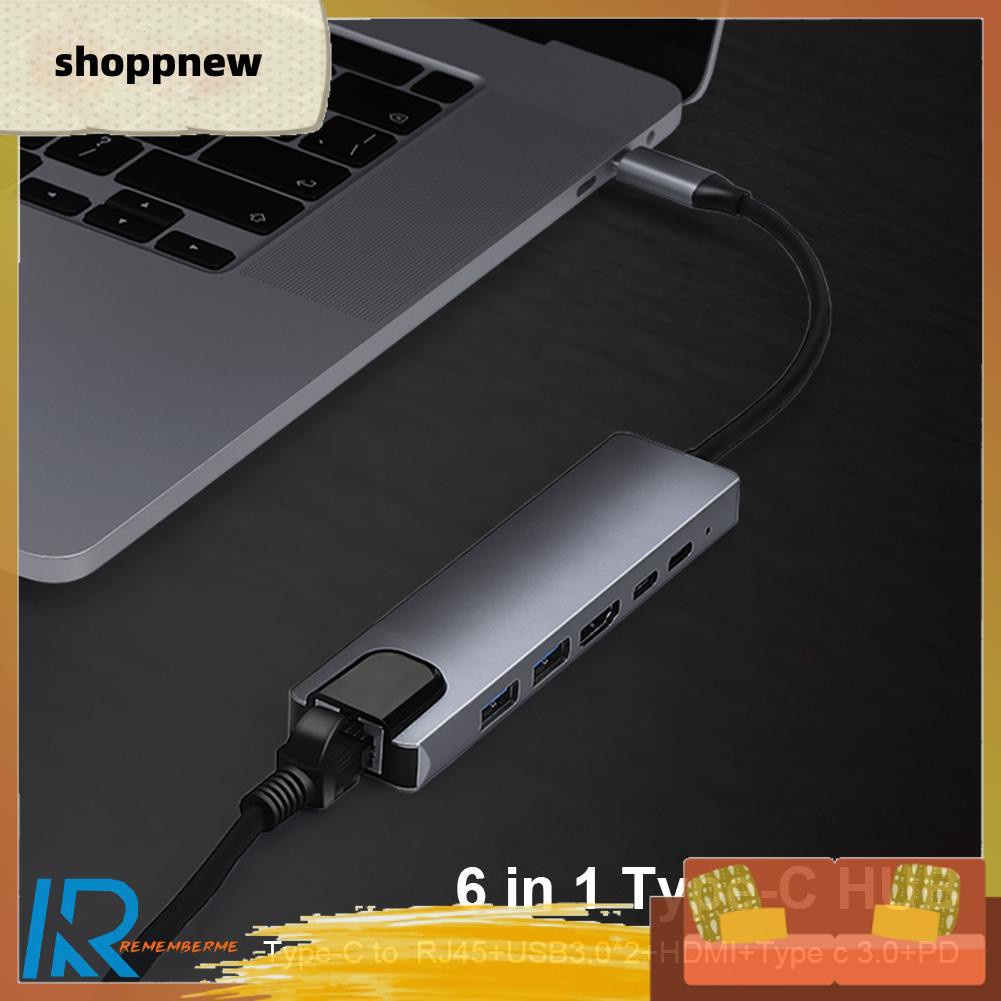 Shoppnew 6 in 1 USB C HUB 2 USB 3.0 4K HDMI-compatible Type-C 100W PD RJ45 Adapter for Laptop 