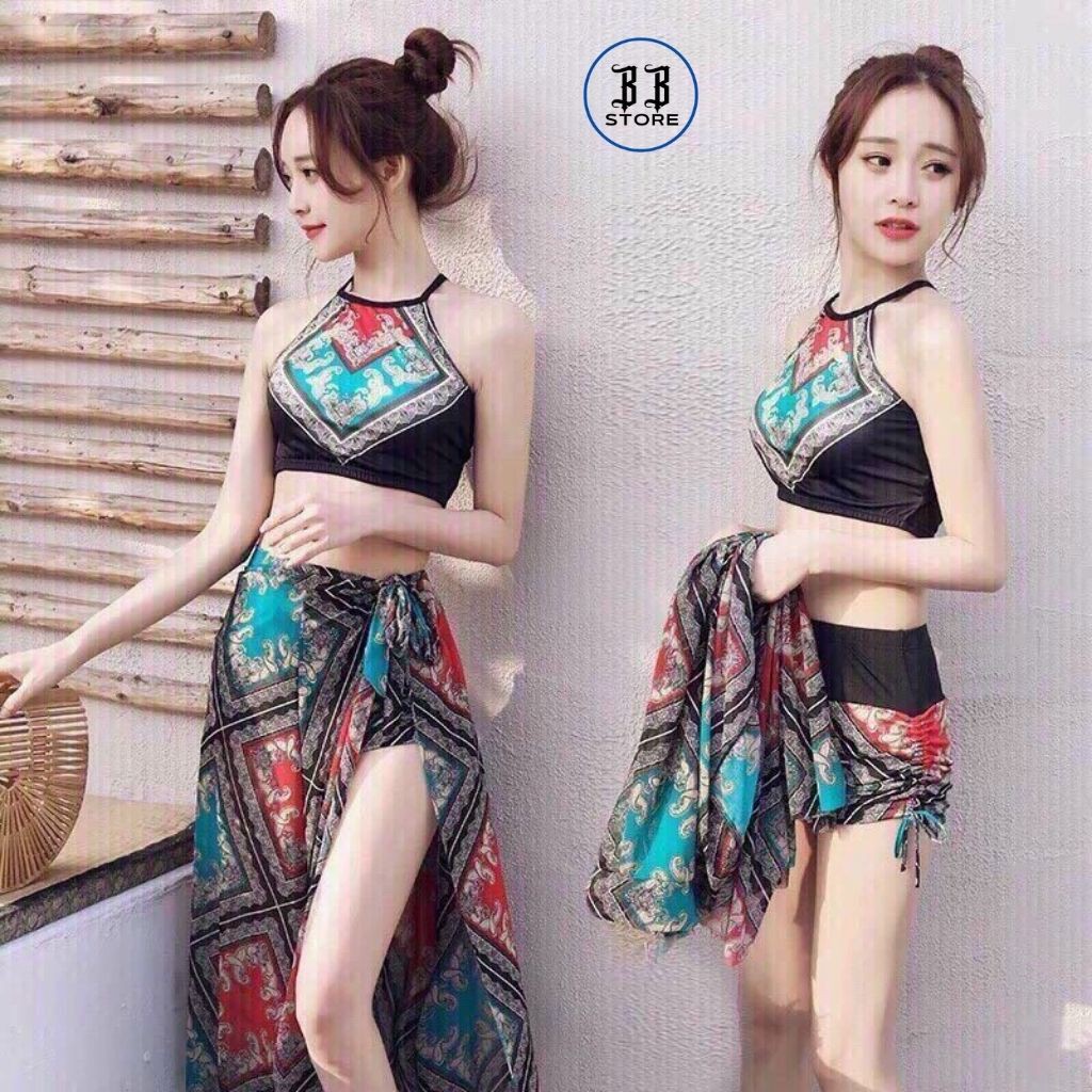 Đồ bơi nữ, bikini đi biển set 3 món họa tiết thổ cẩm Loại 1