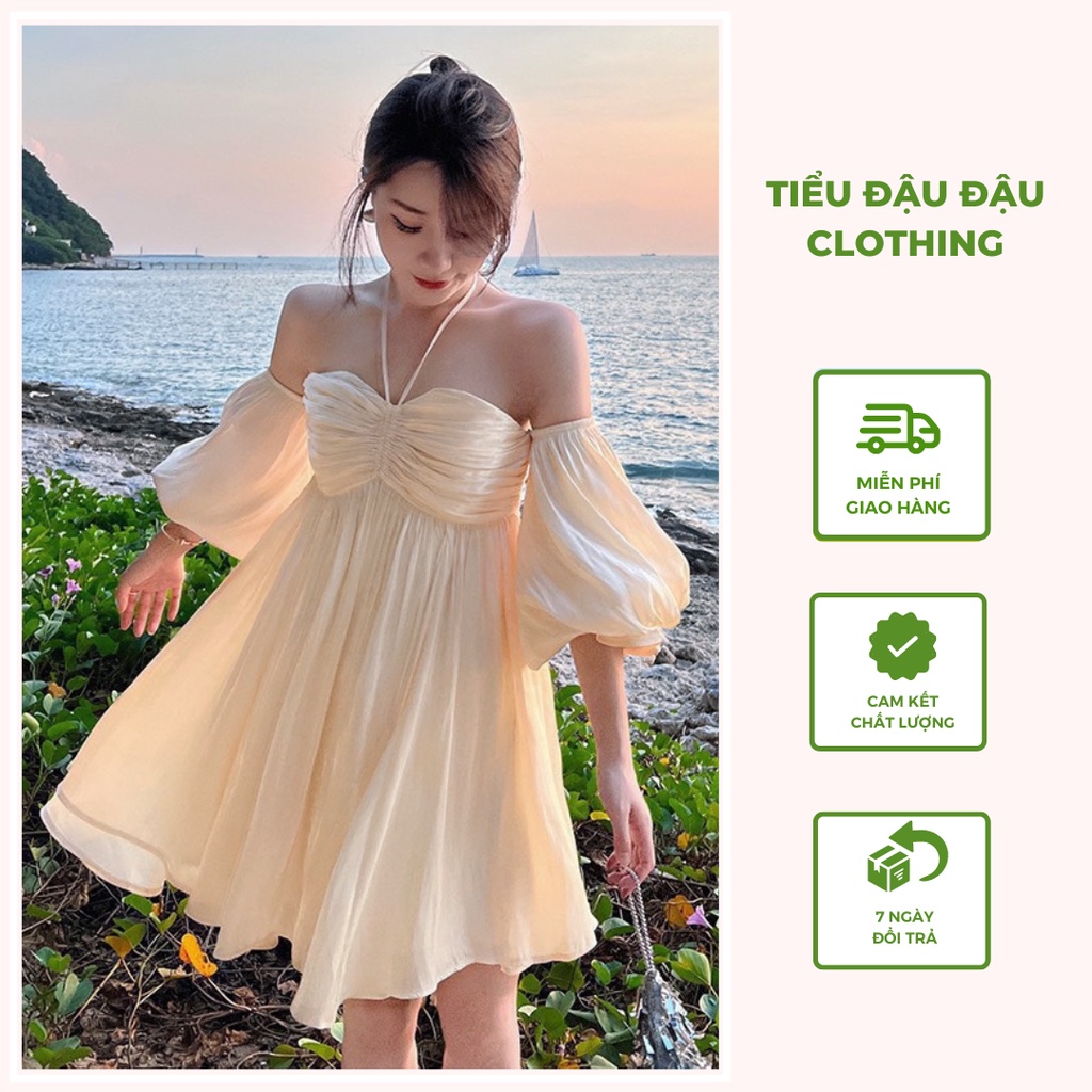 Đầm voan lụa kem bẹt cột cổ cực xinh