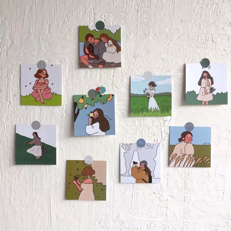 Set 9 tấm thẻ giấy treo tường trang trí nhà cửa hình bé gái đáng yêu