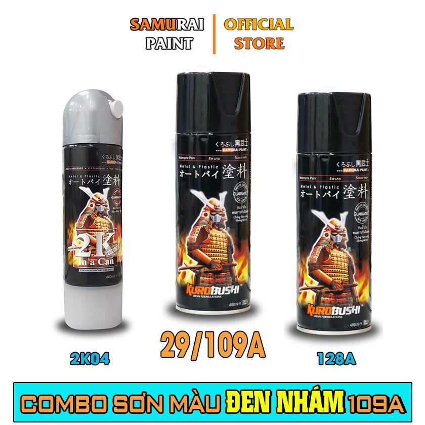 Combo Sơn Samurai Màu Đen Nhám/ Đen Mờ Chính Hãng Cao Cấp (109A - 2K04 - 128A - P800)