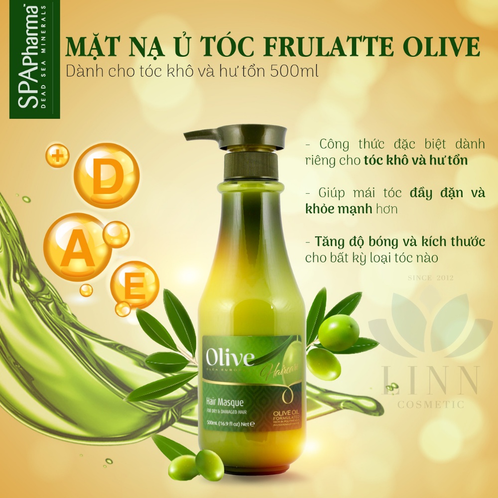 Mặt nạ ủ tóc SPA pharma Frulatte Olive Hair Masque For Dry &amp; Damaged hair 500ml dành cho tóc khô và hư tổn