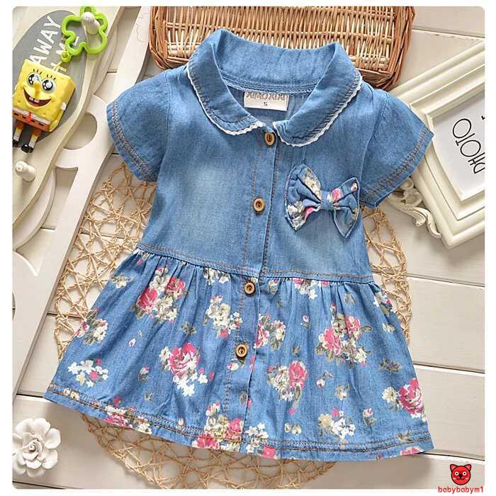Đầm denim tay ngắn họa tiết hoa xinh xắn cho bé gái