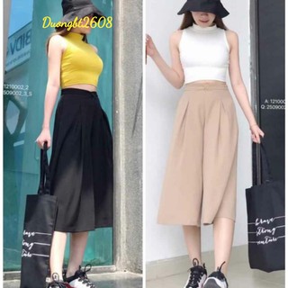 Quần ống rộng giả váy lửng vải đũi xếp ly chất đũi