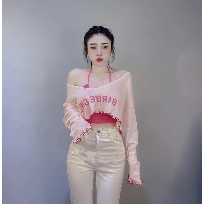 Set áo tay dài croptop cổ tim kèm áo 2 dây thêu chữ hở vai quyến rũ alohashop91