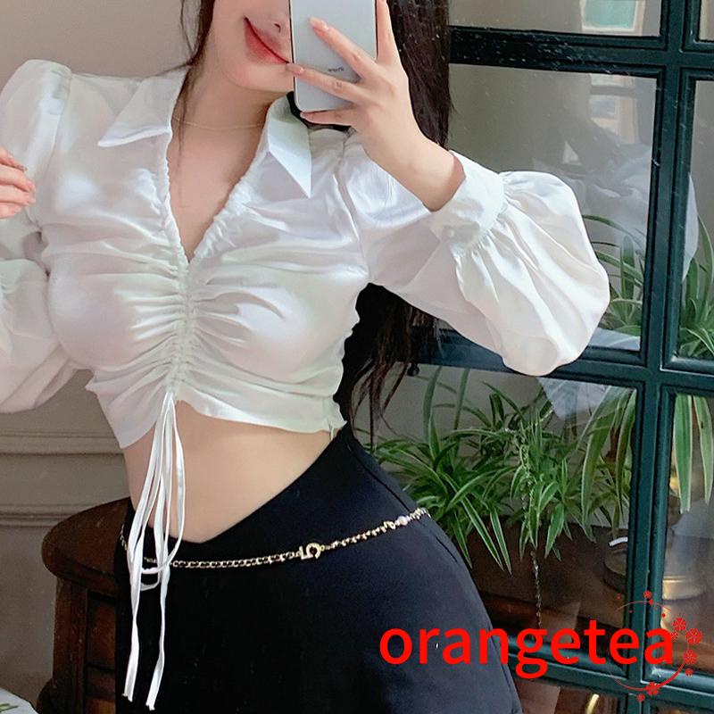 Áo Thun Crop Top Tay Dài Phồng Cổ Chữ V Màu Trơn Phối Dây Rút Phía Trước Cho Nữ