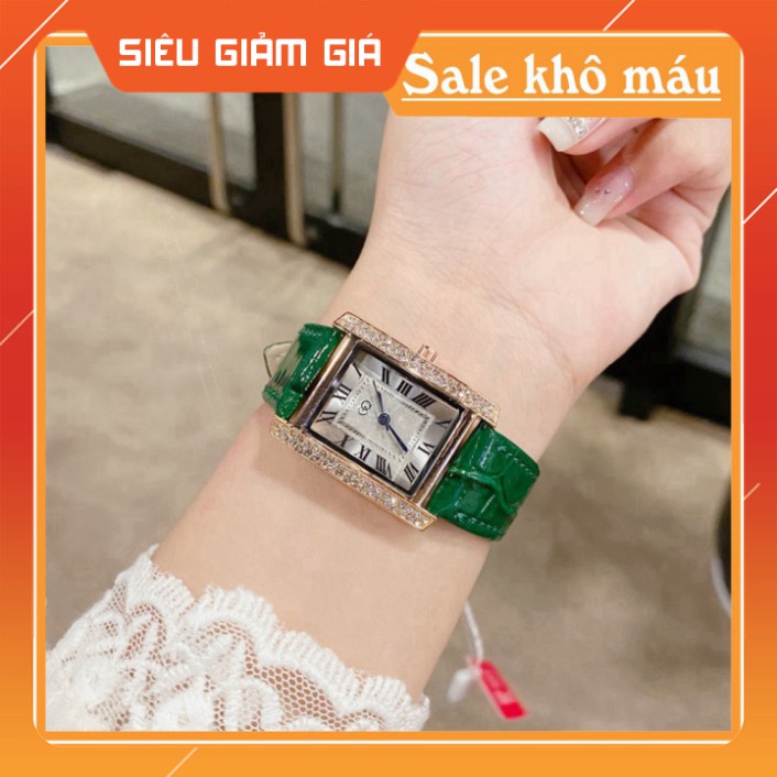 Đồng hồ nữ thời trang GQ dây da mặt vuông viền đính đá sang trọng quí phái