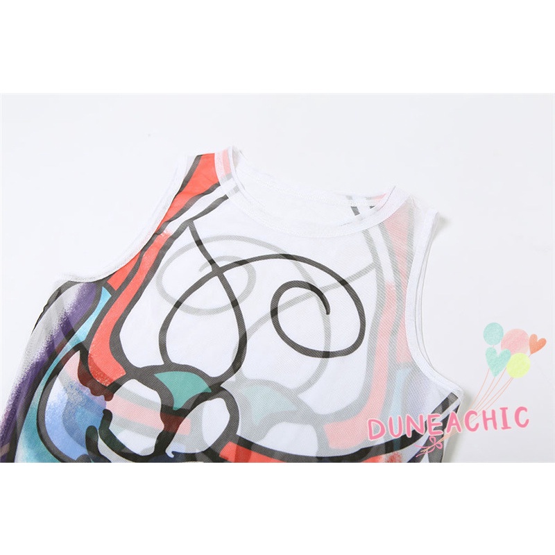 Đầm Sát Nách Cổ Tròn Phối Lưới In Họa Tiết Quyến Rũ Cho Nữ