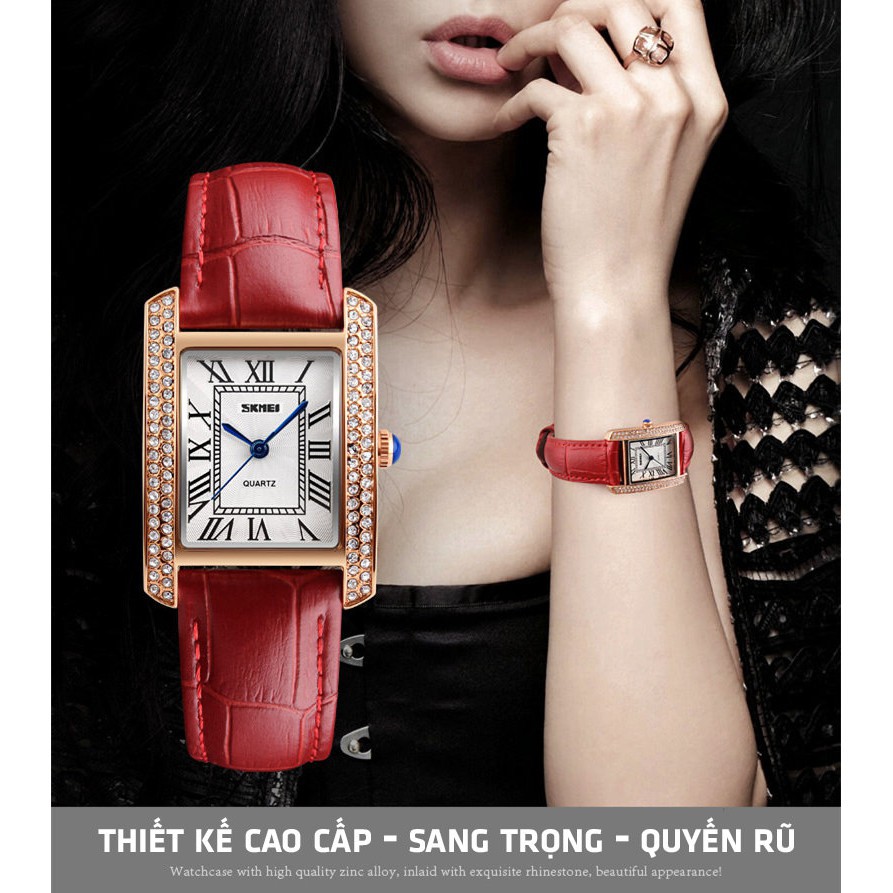 Đồng hồ nữ SKMEI chính hãng thời trang dây da mặt vuông viền đá sang trọng SMW08-SHOP NGỌC HUYỀN