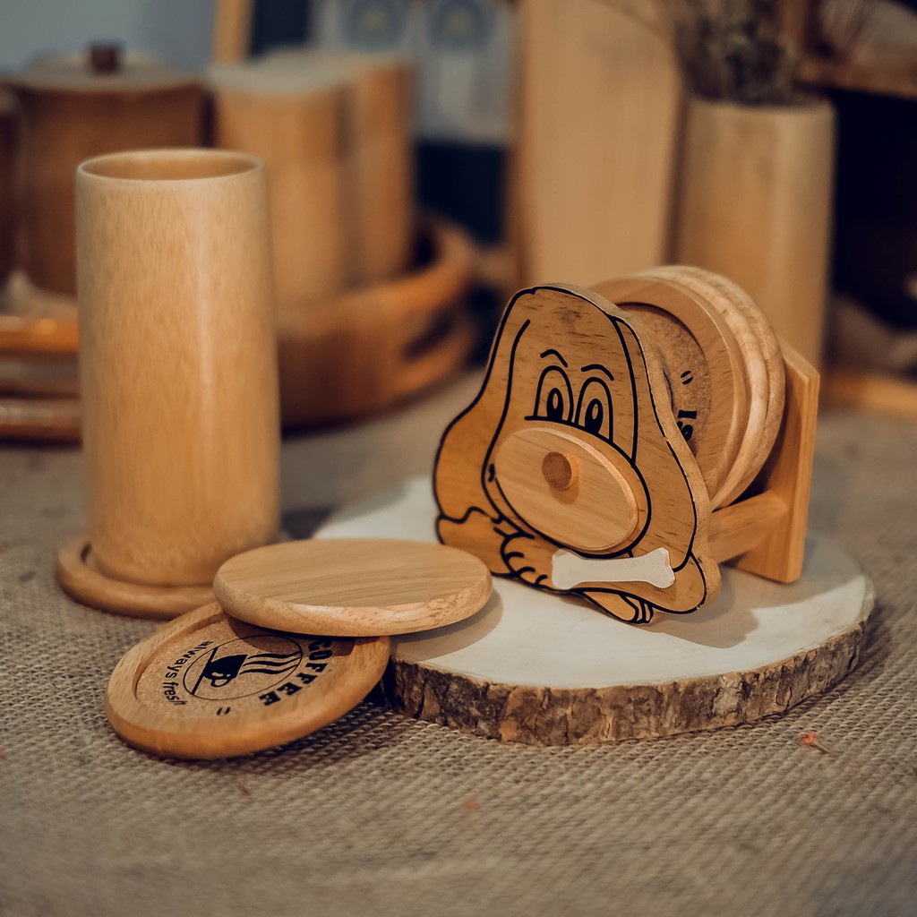 Bộ lót ly gỗ 6 cái hình thú cưng
