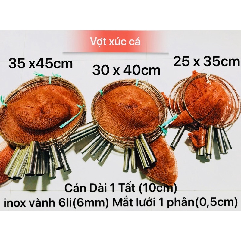 Vợt xúc cá cán inox tay cầm 10cm(1 tất), vợt inox 6li(6mm) tùng lưới rộng dài