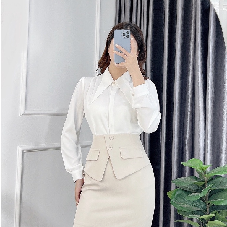 Sơ Mi lụa tằm cổ nhọn công sở thanh lịch A1424