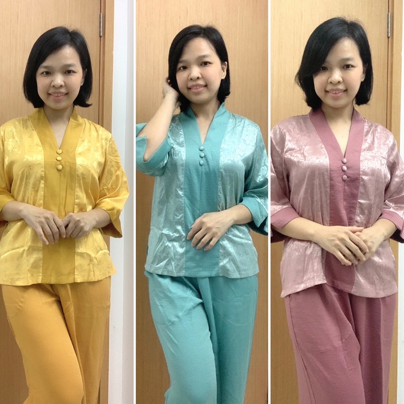 Trang phục lam đi lễ chùa vải lụa phối gấm sang trọng