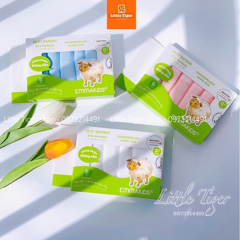 Hộp 6 Khăn sữa sợi tre 2 lớp EMMA KIDS, kích thước 30 x 30cm - Khăn sợi tre cho bé.