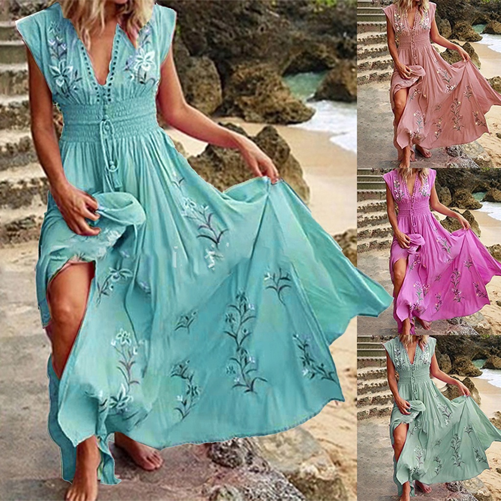 Đầm Maxi Không Tay Cổ Chữ V Dáng Dài In Họa Tiết Hoa Thời Trang Cho Nữ Dự Tiệc