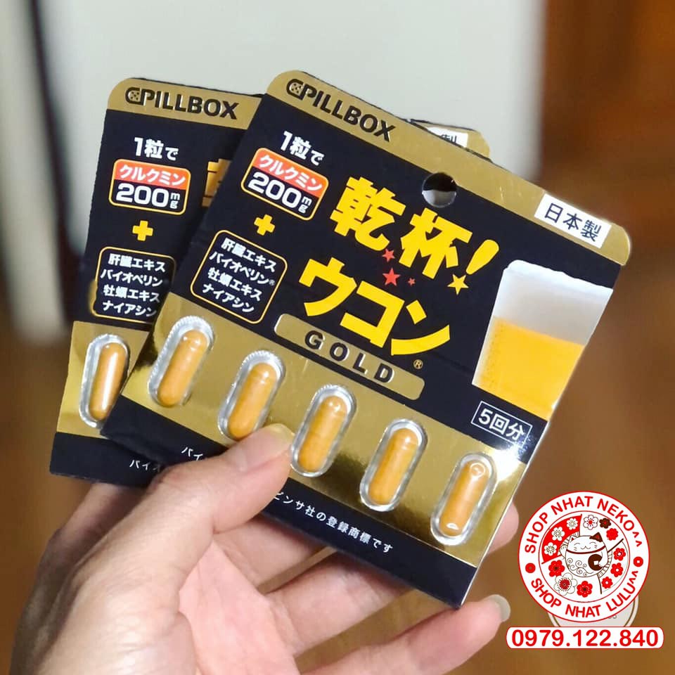 Viên Uống Giải Rượu Pillbox Gold Nhật Bản giảm độc tố cho gan, bảo vệ dạ dày, điều hòa hệ thần kinh từ bột nghệ