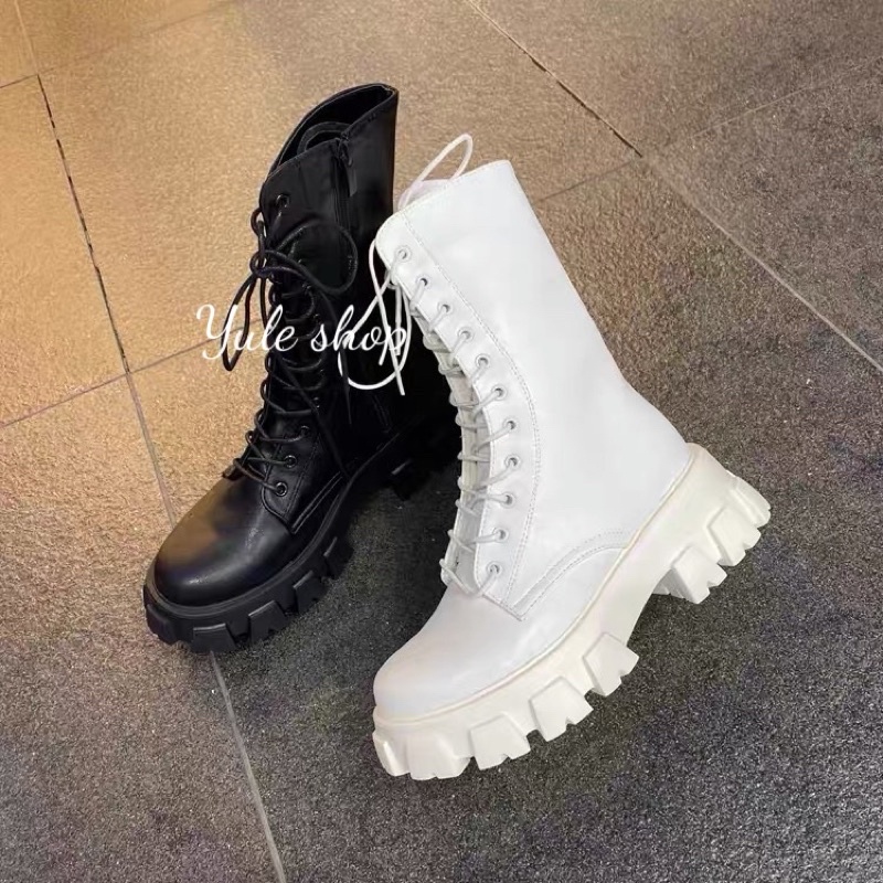 [LOẠI ĐẸP - form cứng cáp ] Boot ulzzang cao cổ 20cm buộc dây kéo khóa đế cao 5.5cm màu đen/trắng cá tính | WebRaoVat - webraovat.net.vn