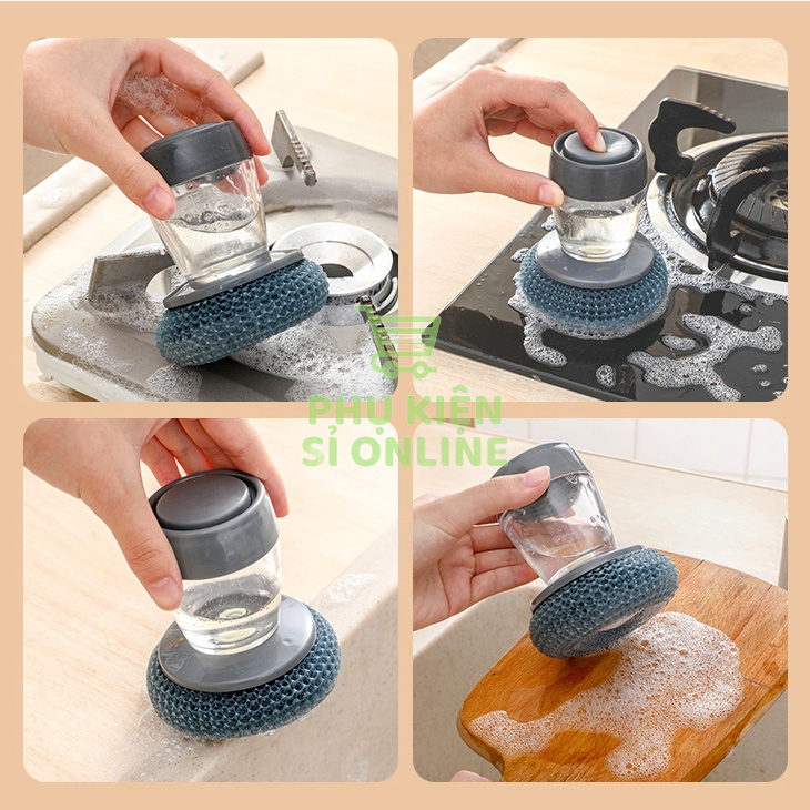 Cọ chà rửa xoong nồi/ chén bát/các vật dụng có cán tay cầm  NGẮN và bình chứa xà phòng tiện dụng