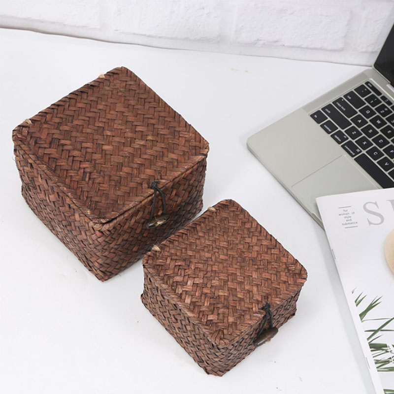 Hộp đựng khăn giấy bằng cói đan thủ công Hộp Đan Mây Thủ Công Hình Vuông Có Nắp Kích Thước 20x20x11cm