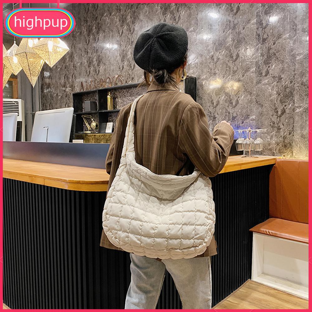 Túi đeo vai vải chần lông vịt sức chứa lớn màu trơn họa tiết kẻ ô phong cách thường ngày đường phố du lịch