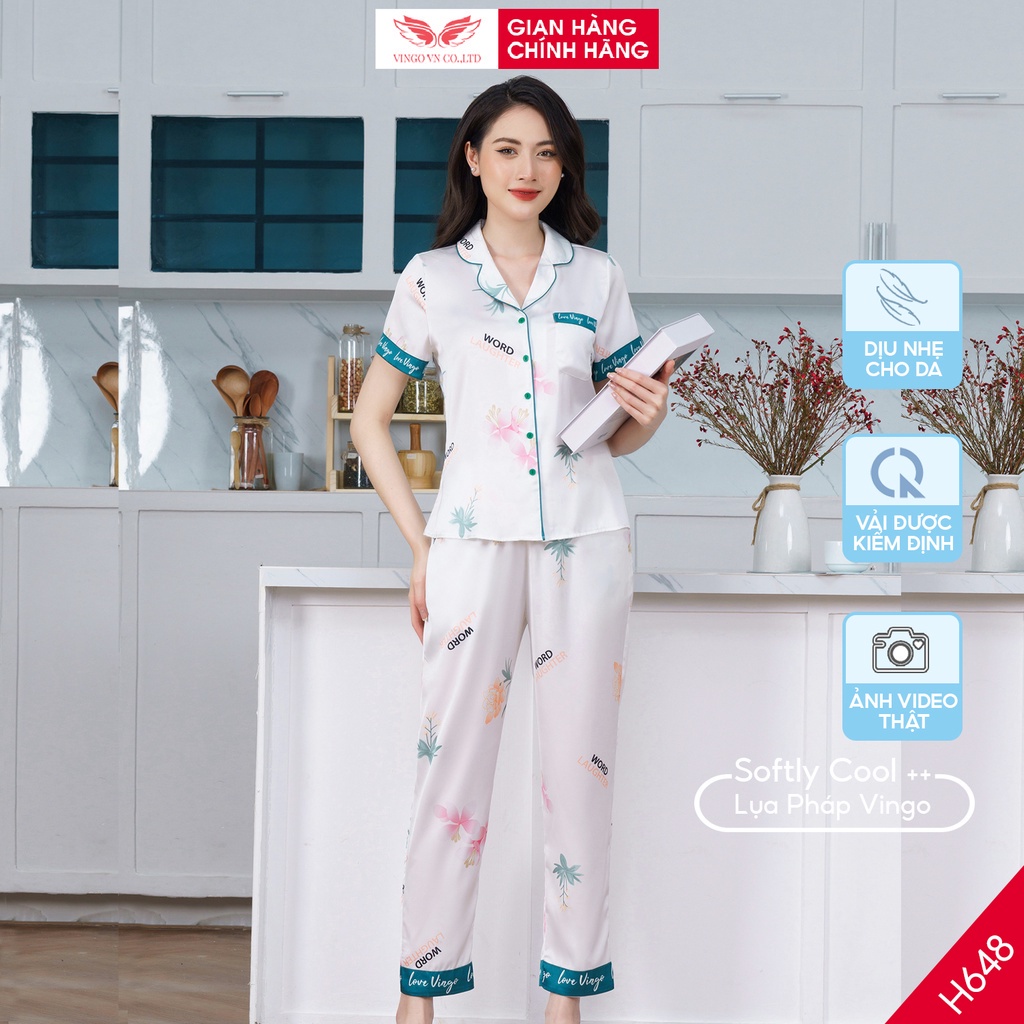 Pijama lụa đồ bộ ngủ mặc nhà cao cấp mùa hè VINGO tay ngắn quần dài hoa hồng dễ thương H648 VNGO