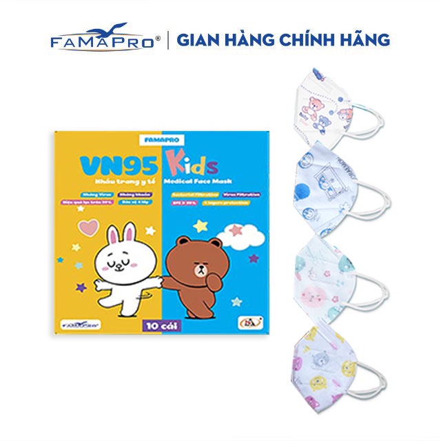 [VN95 KIDS- THÙNG 100 HỘP] Khẩu trang y tế trẻ em Famapro 4 lớp kháng khuẩn (10 cái/hộp)