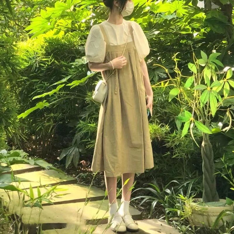 Set Đầm Yếm Dáng Rộng + Áo Thun Dễ Thương Phong Cách Hàn Quốc Cho Nữ