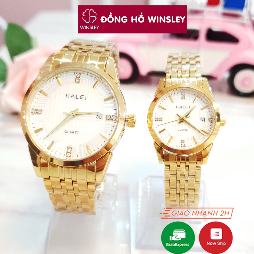 Đồng hồ đôi đeo tay cặp nam nữ Halei chính hãng giá rẻ dây thép chống nước Winsley - Hàng nhập khẩu